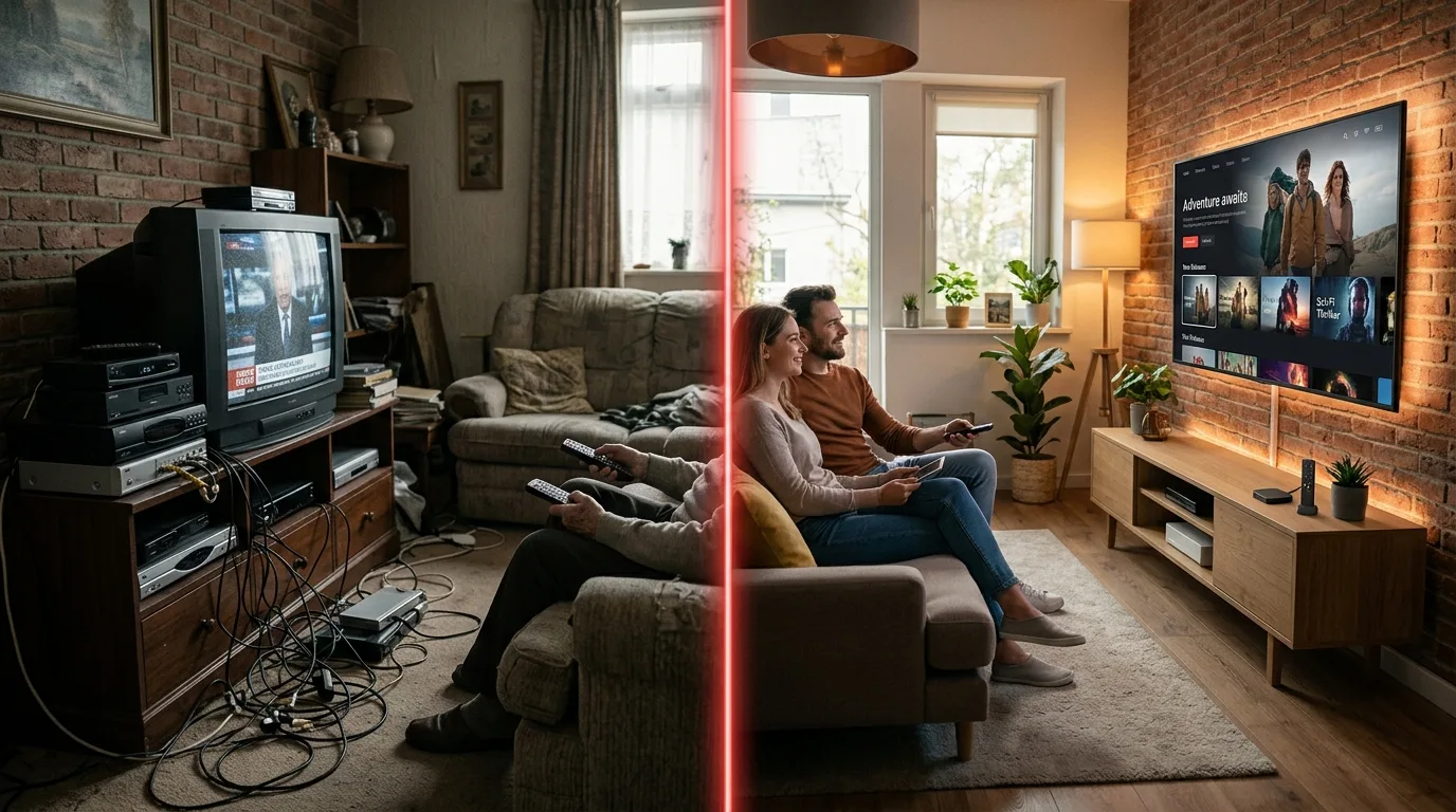Comparaison box TV traditionnelle et IPTV moderne dans un salon