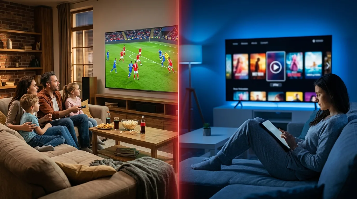 Famille regardant un match en direct vs personne seule regardant une plateforme VOD